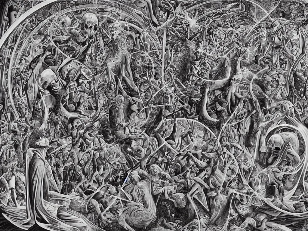 Image similar to meditation on death by Alex Grey and M. C. Escher collaboration