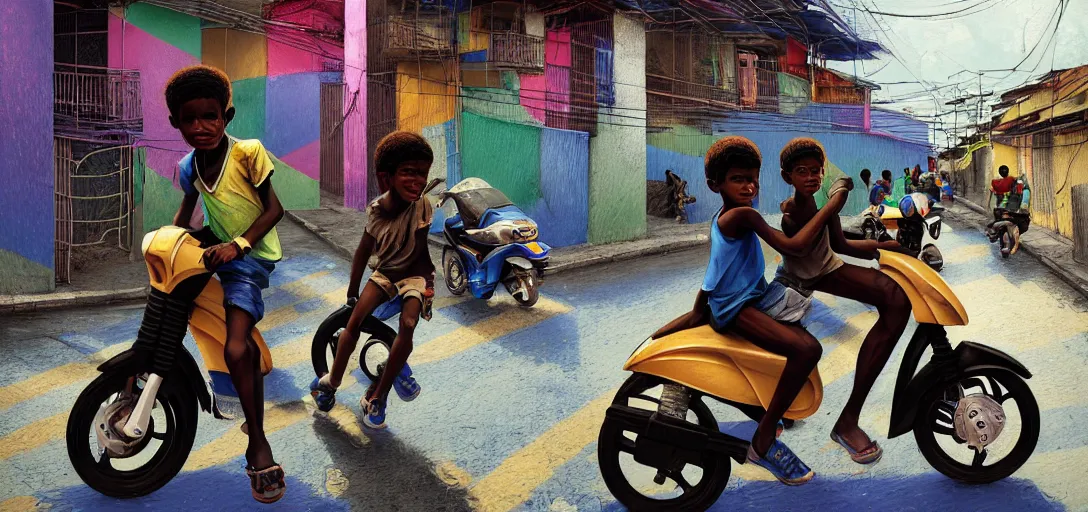 Prompt: a young favela black boys, riding on the moped scooter, on the street of rio de janeiro favela, digital illustration by ruan jia on artstation, colorful, rainbow, sunlight, soft lighting, insanely detailed and intricate, hypermaximalist, elegant, ornate, hyper realistic, super detailed, by akihito yoshida, by bob byerley