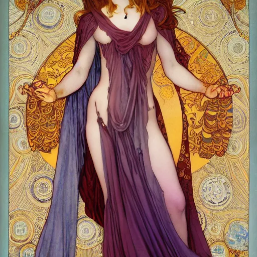 Image similar to beautiful ishtar goddess in long flowy dress, porcelain skin by rebecca guay and mucha, artstation, hq, hires, hd