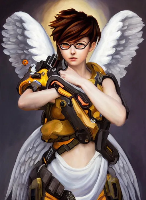 Image similar to full body oil painting of tracer overwatch in the style of sophie anderson, angel wings, white dress, dramatic painting, wearing black collar, symmetrical composition, ornate, high detail, gold, blooming, lights, flowers,