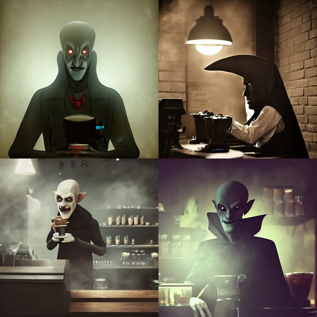 Prompt: Nosferatu working as a barista at Starbucks, moody lighting, creepy, smoky, dust in the air, dark shadows, cobwebs, ominous, 4k, trending on artstation