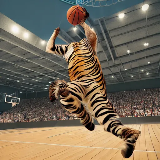 Prompt: a photorealistic picture of a tiger dunking a basketball outdoors Trending on Artstation, featured on Behance, well-rendered, fine detail, extra crisp image, Unreal Engine, 4K HD