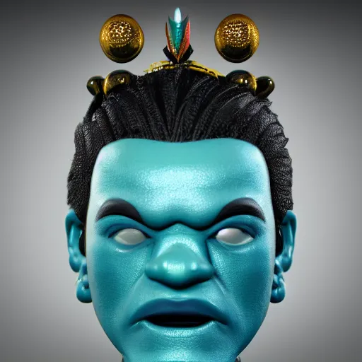 Image similar to closeup headshot 3 d toy maori god as funco toy, plastic, sss, octane 4 k render, studio lighting, artstation, cyan photographic backdrop, 1 0 5 mm, f 2. 8 aperture