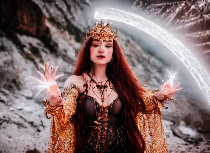 Image similar to closeup of a very good looking fantasy sorceress wearing amazing detailed clothes, holding magical glowing energy in her hands!!!! in the moonlit mountains, dramatic lighting, lens flare, 3 5 mm f 1. 2, professional photography, kodak ektar