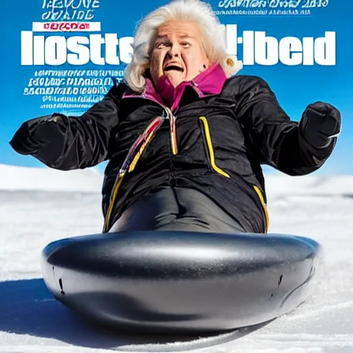 Prompt: sports illustrated photo, an elderly woman sliding down an incredibly long ice luge on her back at incredibly high speeds