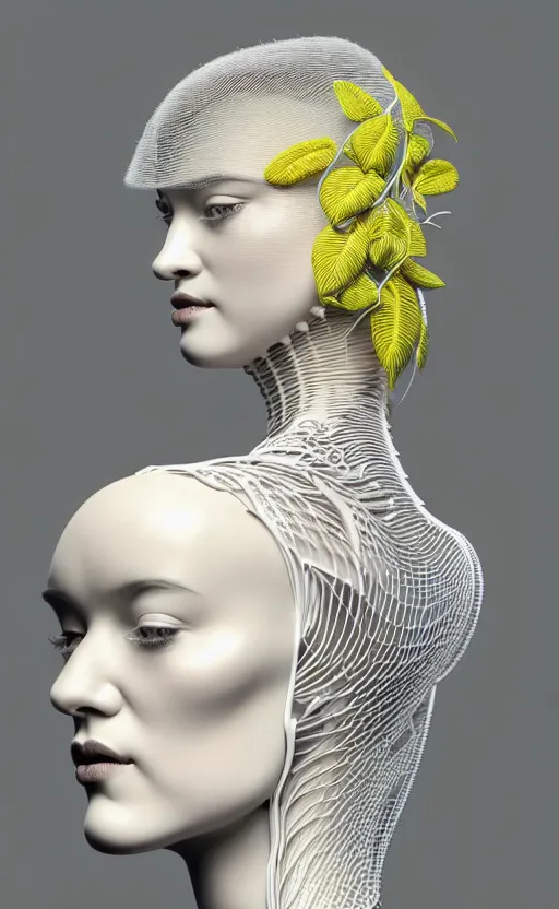 Prompt: complex 3d render ultra detailed of a beautiful porcelain profile woman face, biomechanical cyborg, analog, 150 mm lens, beautiful studio soft light, rim light, silver light lemon details, big leaves and stems, roots, fine foliage lace, mesh wire, Alexander Mcqueen high fashion haute couture, art nouveau fashion embroidered, steampunk, intricate details, hyper realistic, ultra detailed, mandelbrot fractal, anatomical, facial muscles, cable wires, microchip, elegant, octane render, H.R. Giger style, volumetric lighting, 8k post-production