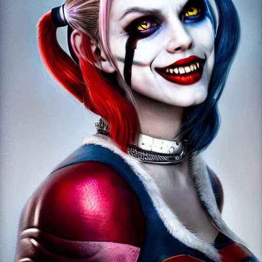 Image similar to Harley Quinn from the suicide squad, smiling, portrait, fantasy, medieval, beautiful face, vivid colrs, elegant, concept art, sharp focus, digital art, Hyper-realistic, 4K, Unreal Engine, Highly Detailed, HD, Dramatic Lighting by Brom, trending on Artstation