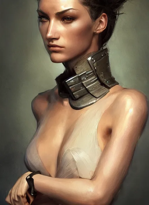 Image similar to a professional painting of a beautiful young female, clothed in military armor, olive skin, long dark hair, beautiful bone structure, symmetrical facial features, intricate, elegant, digital painting, concept art, smooth, sharp focus, illustration, from Metal Gear, by Ruan Jia and Mandy Jurgens and Artgerm and William-Adolphe Bouguerea