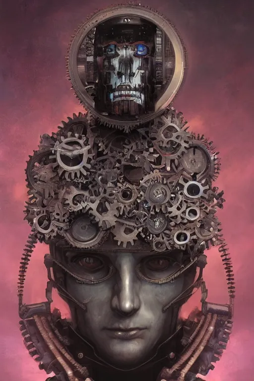 Image similar to portrait of a man made of a gears, by artgerm, tom bagshaw, gerald brom, vaporwave colors, lo fi colors, vaporwave, lo fi, moody vibe, goth vibe, 4 k, hd,