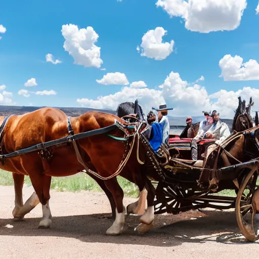 Prompt: a massive horse drawn carriage being pulled across the american southwest by a team of a hundred horses under a vibrant blue sky dotted with small white puffy clouds.