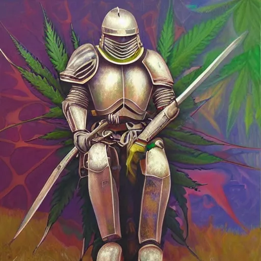 Prompt: a high detailed oil painting of a full armored knight sitting in a cannabis field. trending on artstation. fractal patterns. colorful