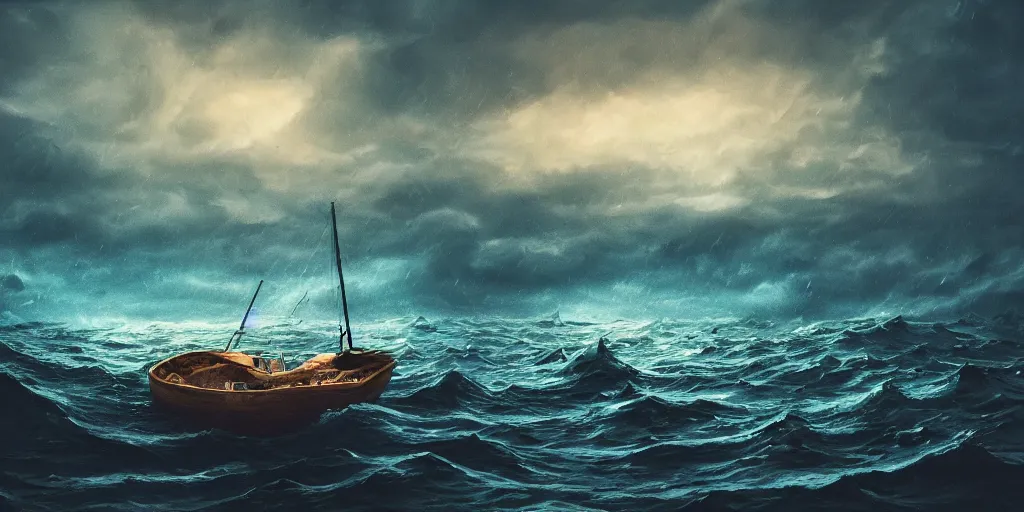 Prompt: of a lost boat on dark and stormy angry sea with large strange creatures with big eyes, mouth and sharp teeth appearing from the water, in the style of Gaudi, macro lens, shallow depth of field, highly detailed, digital painting, trending artstation, concept art, illustration, cinematic lighting, vibrant colors, photorealism, epic, octane render