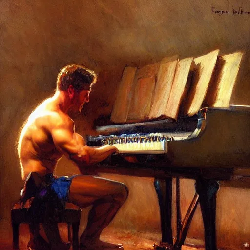 Image similar to a man playing piano, muscular, detailed face, correct face, painting by Gaston Bussiere, Craig Mullins