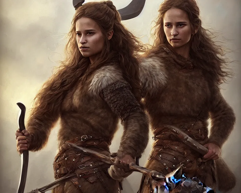 Image similar to gorgeous!! hyper - realistic solo woman resembling alicia vikander as a battle - worn viking warrior wielding a giant axe, accompanied by a dire wolf | intricate, highly detailed, digital painting, character design, character concept art | drawn by wlop, drawn by jeehyung lee, drawn by artgerm, drawn by peter kemp