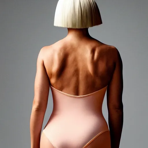 Image similar to sia furler wearing a skin colored peach leotard full body artistic photoshoot pose from behind