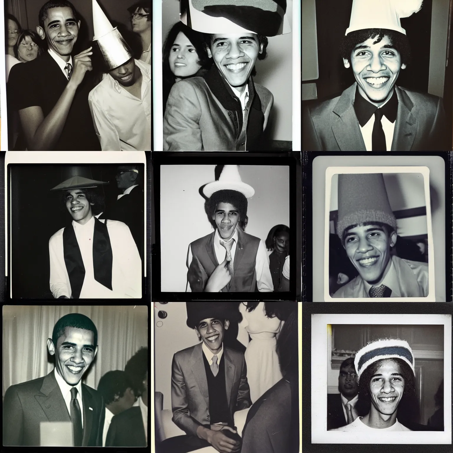 Prompt: 1970s Polaroid of young student Barack Obama during a party, wearing a party hat