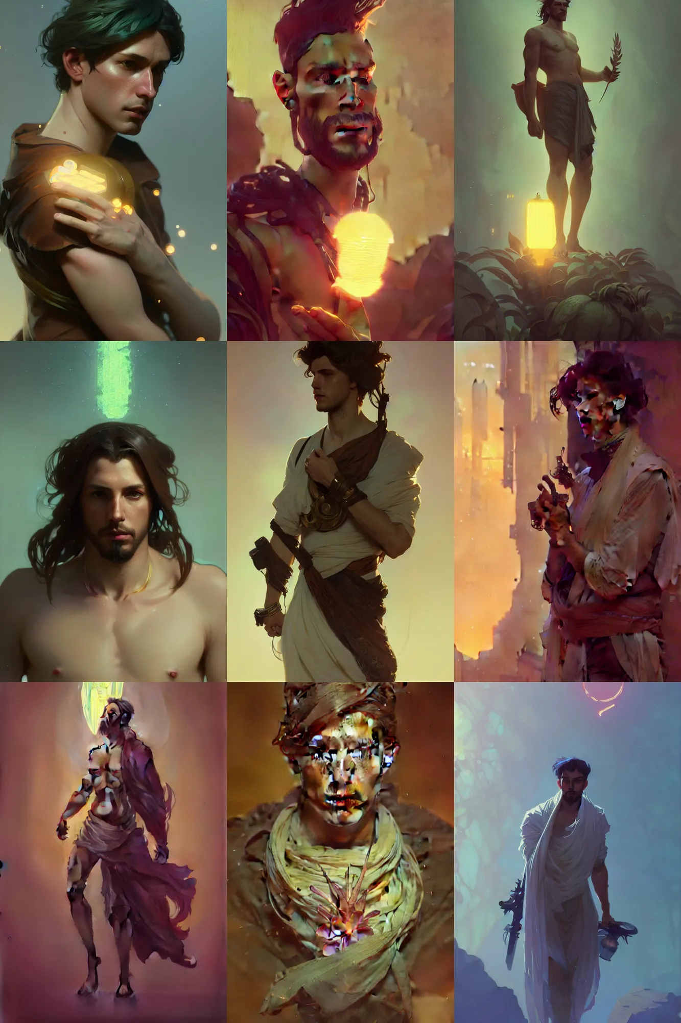 Prompt: beautiful male character concept by greg rutkowski, alphonse mucha, cgsociety and beeple highly, lily, plumeria, relish, shimmer detailed, cinematic lighting, octane render, unreal engine lumen, very coherent. cinematic, hyper realism, high detail, octane render, 8 k