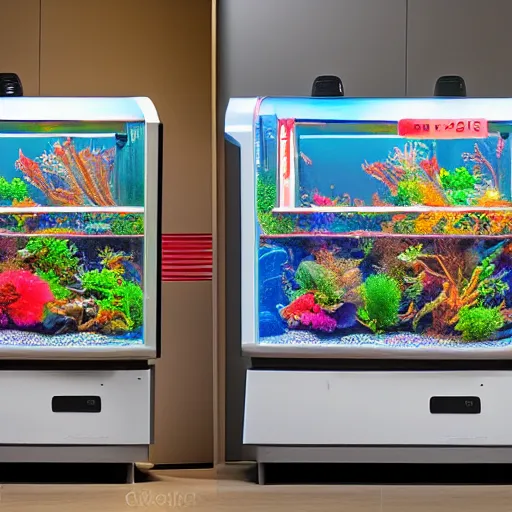 Image similar to fishtank, vending machine, digital art