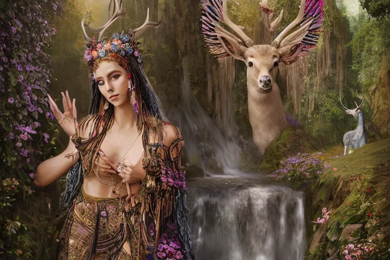 Image similar to A beautiful divine tribal high priestess with feathers and crystals in a lush field of flowers, highly detailed medieval temple behind her with waterfall and Deer, wide painting by greg rutkowski and HR Giger, Zbrush, Trending on artstation:1 H 1024