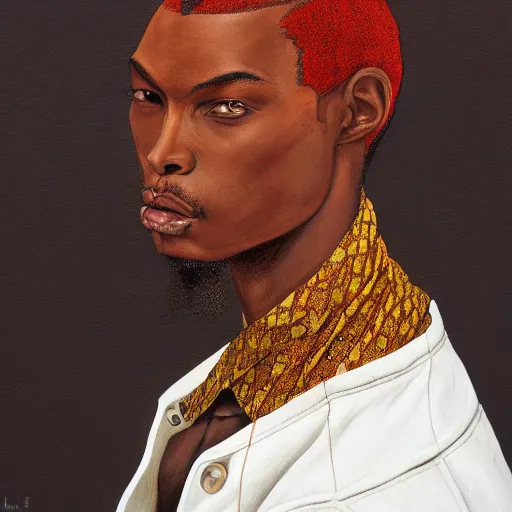 Prompt: a professionally painted african male model , clothed in ancient street wear, dark skin, red gold hair, beautiful bone structure, symmetrical features, stunningly, beautiful, intricate, elegant, digital painting, smooth, sharp focus, illustration, made by Kehinde Wiley, Kara Walker, Jacob Lawrence, Sam Gilliam, Edmonia Lewis,