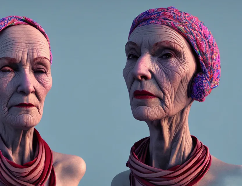 Image similar to cinematic bust portrait of psychedelic beautiful granny, a scarf tied on the head, robot cyborg by jean giraud, trending artstaition, unreal engine