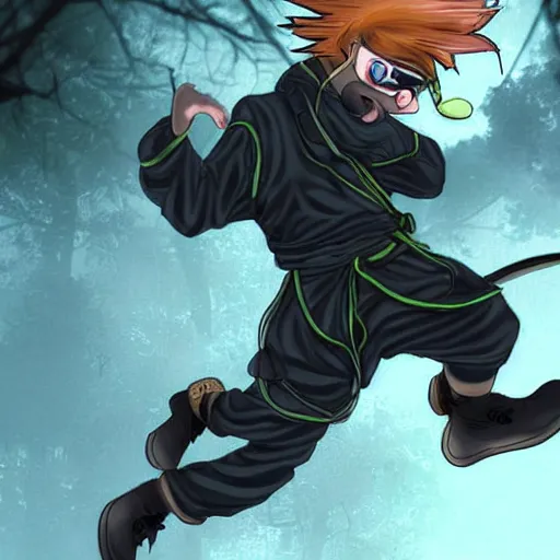 Image similar to a ninja in a moody forrest jumping, anime, steampunk, insanley detalied