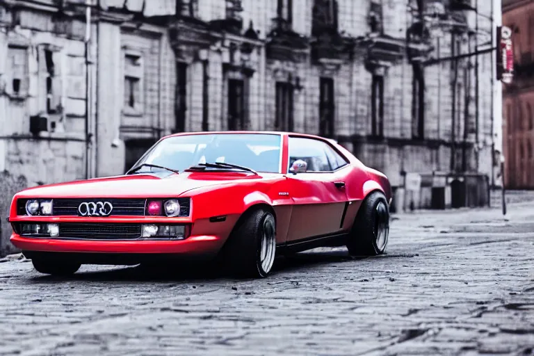 Image similar to audi camaro b 1 ( 1 9 6 9 ) drifting, need for speed : carbon, neon lines, lviv historic centre, ultra phonk, phonk music background, smoke behind wheels, noise, dark, establishing shot