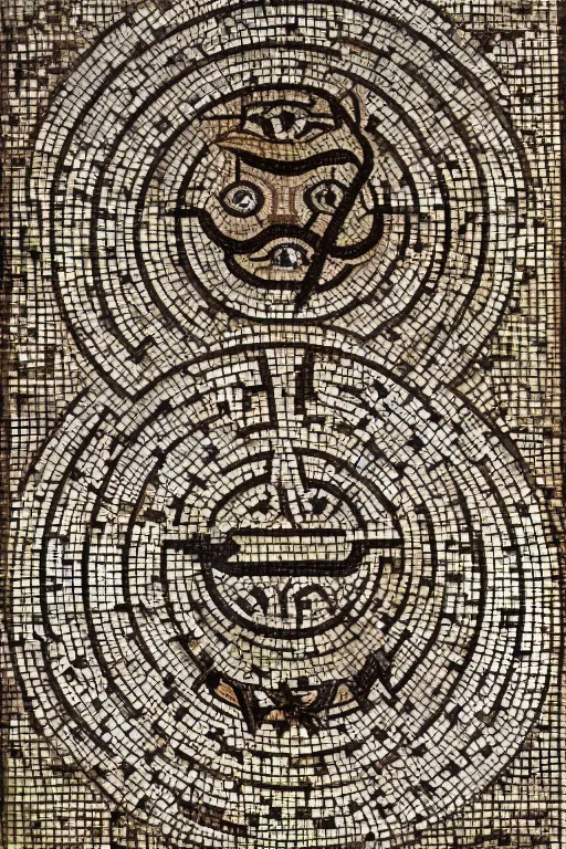 Image similar to a ceramic mosaic of the ouroboros, detailed faces, intricate detail, ancient babylonian art, occult art, alchemical diagram