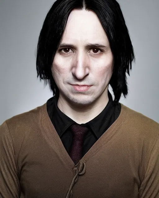 Prompt: photo portrait of a 3 2 - year - old man wearing black clothes, snape severus, with black, greasy, mid - length hair, hooked nose, dark brown eyes, yellow uneven teeth, by mario testinohyper realistic face, beautiful eyes, hyper detailed, smooth