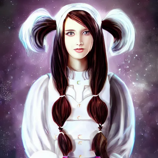 Prompt: a high definition digital painting of a cosplayer with twin tails, wearing white dress, symmetric and beautiful face