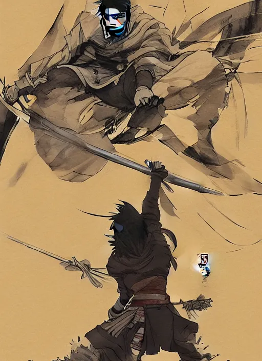Image similar to anime ninja scroll, tall samurai turned back with long katana, masterpiece, highly detailed, artstation, concept art, mutud colors, soft lights, foggy, by yoshiaki kawajiri, by yousuke kabashima, by toshiyuki inoue, by atsushi takeuchi, by masanori takahashi, by kazuo koike