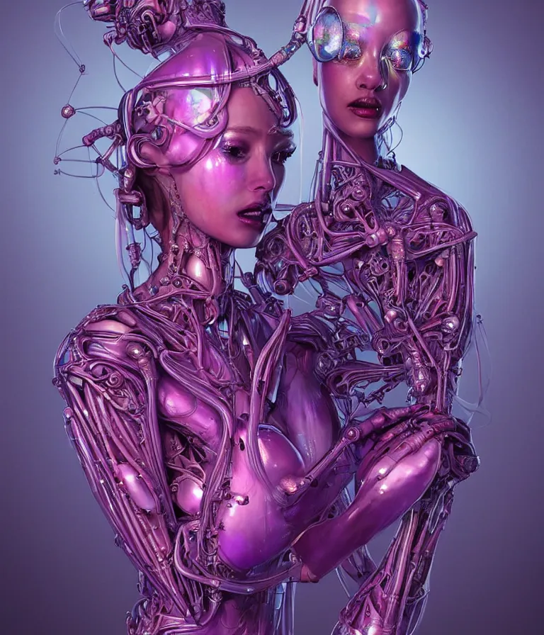 Image similar to fully symmetrical centered iridescent portrait of a beautiful princess in robe. artificial muscles, ribcage, bones, hard surface modelling. cyberpunk look. biomechanical mask. bio luminescent biomechanical halo around head. neon jellyfish. artwork by jarold Sng by artgerm, by Eddie Mendoza, by Peter mohrbacher by tooth wu, unreal engine, octane render, cinematic light, high details, iridescent colors, dichroic, macro, depth of field, blur