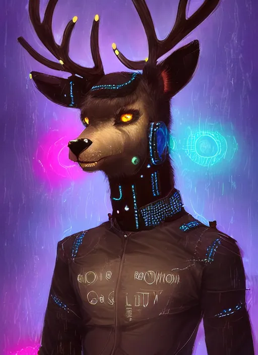 Prompt: award winning beautiful portrait commission of a male furry anthro Black Reindeer cyberpunk fursona with a tail, wings, wings, wings and a cute beautiful attractive detailed furry face wearing a crown, stylish black and rainbow galaxy clothes, outline, in a cyberpunk city at night while it rains. Character design by charlie bowater, ross tran, artgerm, and makoto shinkai, detailed, inked, western comic book art