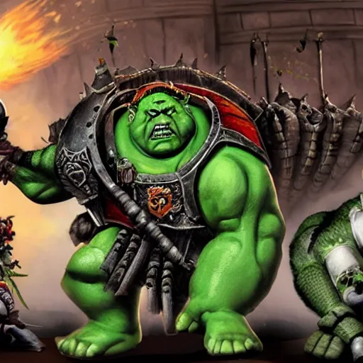 Prompt: an extremely sad orge and a skaven in warhammer 4 0 k darktide