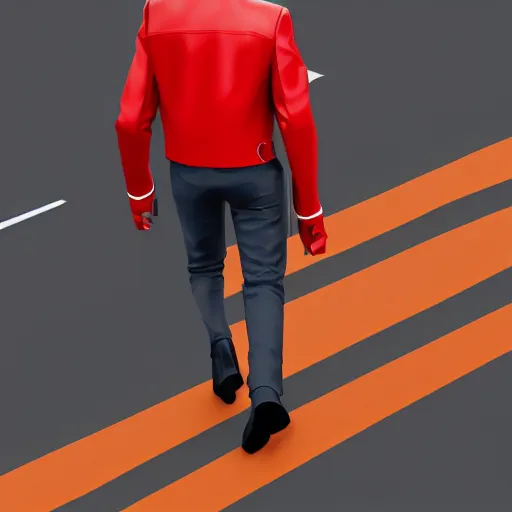 Image similar to isometric view of a man with a red jacket from back. walking towards a red futuristic motorbike on a wide road. photo realistic, hyper realistic, dramatic lighting, cyberpunk, ultra detailed, sharp focus, wide angle, digital illustration, trending on artstation