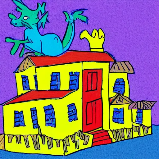 Prompt: children's cartoon of a blue dragon sitting on top of a yellow suburban home