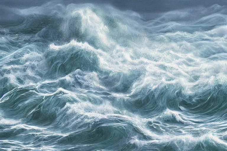 Image similar to ocean, land, tumultuous waves, digital painting, illustrated by max hay