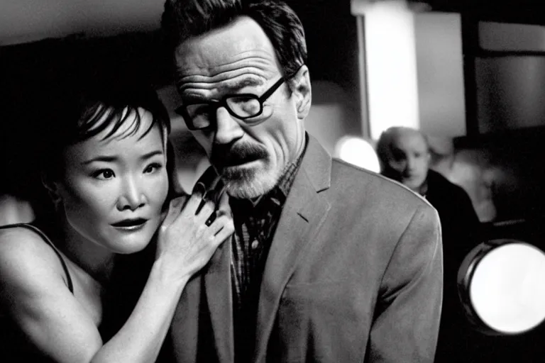 Image similar to film still of bryan cranston and josie packard in cosmic horror! the musical by david cronenberg, 3 5 mm film, atmospheric, ultra fine detail, film grain, photorealistic