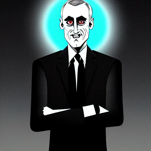 Image similar to solid glowing eyes, digital portrait of secretary of denis mcdonough face with solid glowing eyes, cover art of graphic novel, evil laugh, menacing, Machiavellian puppetmaster, villain, simple style, solid colors, clean lines, clean ink, trending on artstation