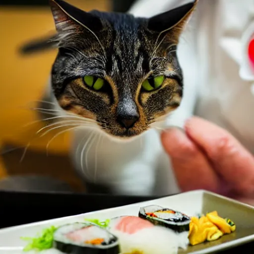 Image similar to cat sushi chef in a Japanese restaurant, close up photo