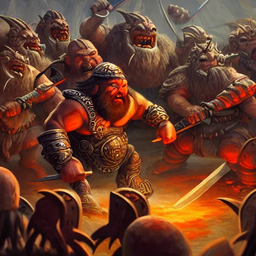 Image similar to painting of a single dwarven berserker facing a crew of crazy goblin warriors in deadly combat on a gladiator pit, sharp focus, high symmetry, award - winning, trending on artstation, masterpiece, highly detailed, intricate. art by mark tedin