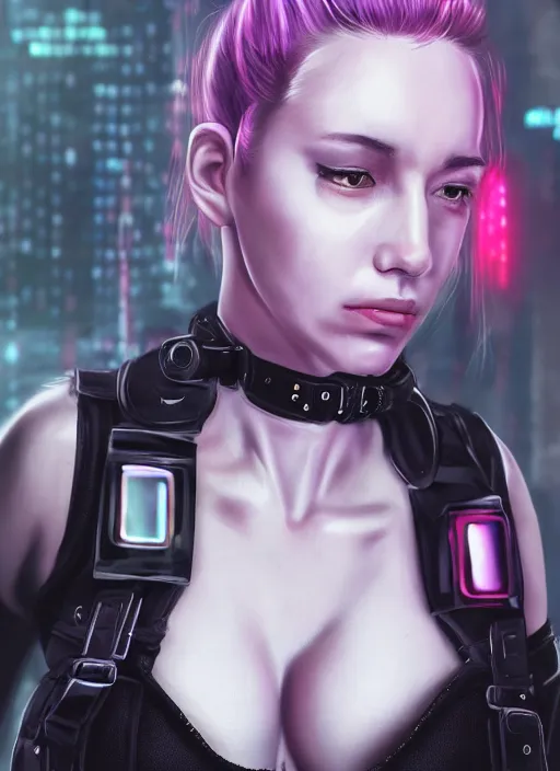 Image similar to detailed realistic female character cyberpunk wearing thick technological collar around neck, realistic, art, beautiful, 4K, collar, choker, collar around neck, punk, artstation, detailed, female, woman, choker, cyberpunk, neon, punk, collar, choker, collar around neck, thick collar, tight around neck, punk,