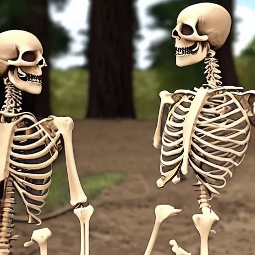 Image similar to a female skeleton talking to a male skeleton.