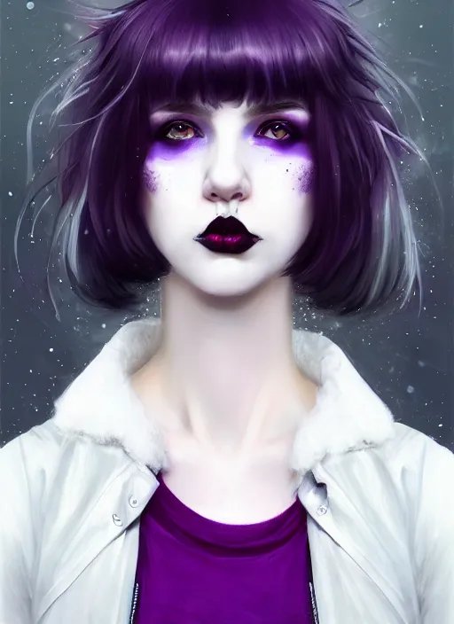 Image similar to portrait of white teenage girl, normal face, white bangs, mall goth, cyberlox, black and white hair, bangs, fluffy bangs, red contact lenses, purple lipstick, intricate, elegant, highly detailed, digital painting, artstation, concept art, sharp focus, smooth, illustration, art by wlop, mars ravelo and greg rutkowski