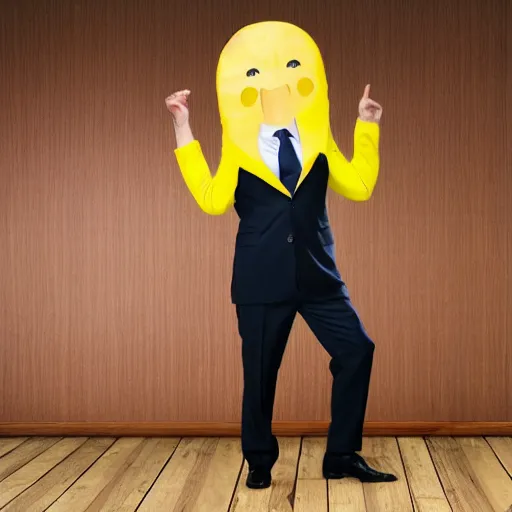 Image similar to a person with a banana head wearing a business suit