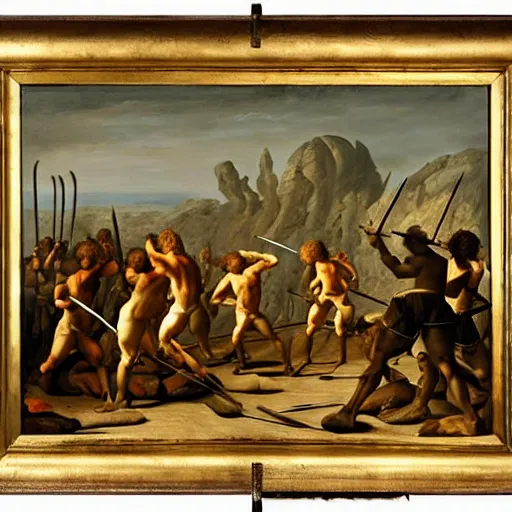 Image similar to A painting of serval cavemen with spears fighting a dinosaur, coarse canvas, visible brushstrokes, painting by Jan van Goyen