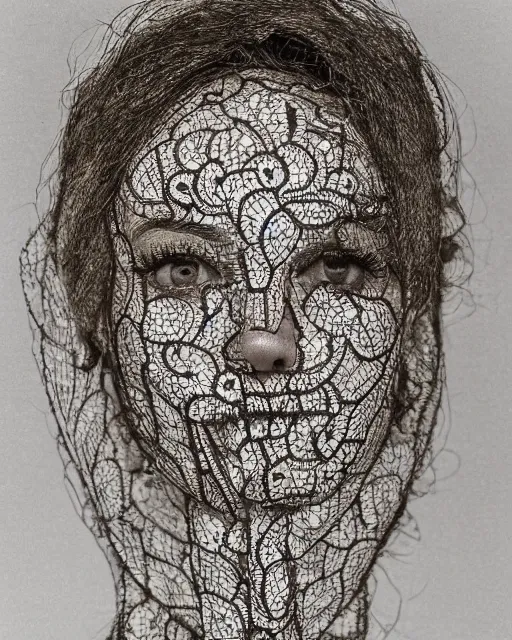 Image similar to close up of a woman's face, made of intricate decorative lace leaf skeleton, in the style of the dutch masters and gregory crewdson, dark and moody