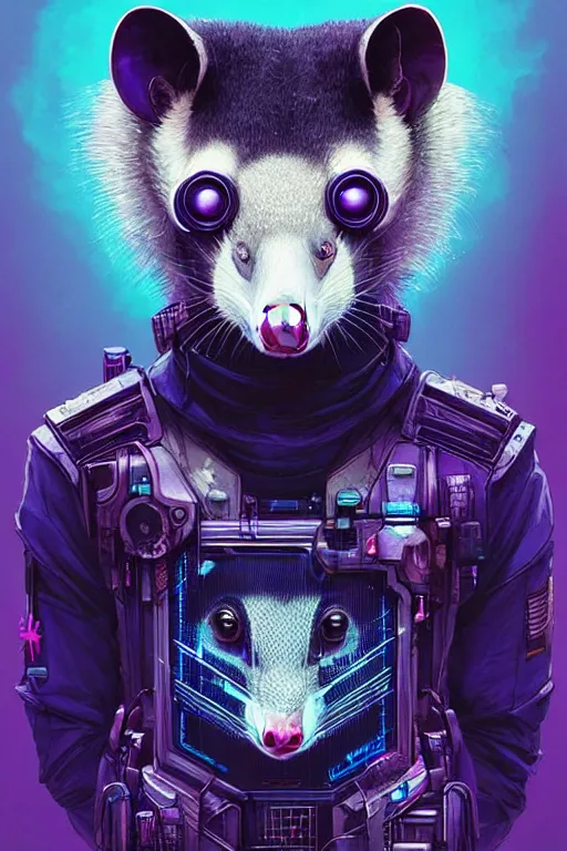 Image similar to a beautiful portrait of a cute cyberpunk opossum by sandra chevrier and greg rutkowski and wlop, purple blue color scheme, high key lighting, volumetric light, digital art, highly detailed, fine detail, intricate, ornate, complex, octane render, unreal engine, photorealistic