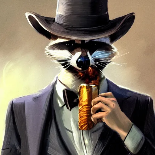 Image similar to a racoon wearing a suit smoking a cigar, dramatic lighting, cinematic, establishing shot, extremly high detail, photorealistic, cinematic lighting, artstation, style by James Gurney