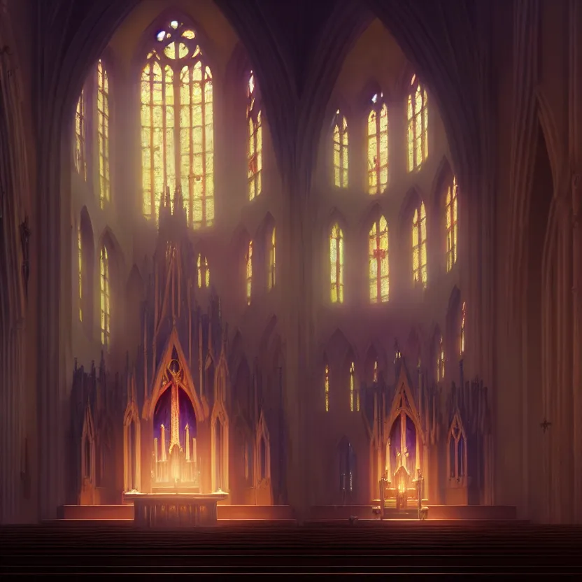 Image similar to curch with altar in glory light, digital painting, greg rutkowski, artstation, cinematic, matte painting